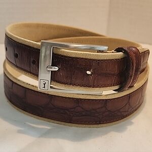 Vtg PGA Tour Golf Brown Croc Leather Belt Canvas  Mens 36 Silver Golfer Buckle